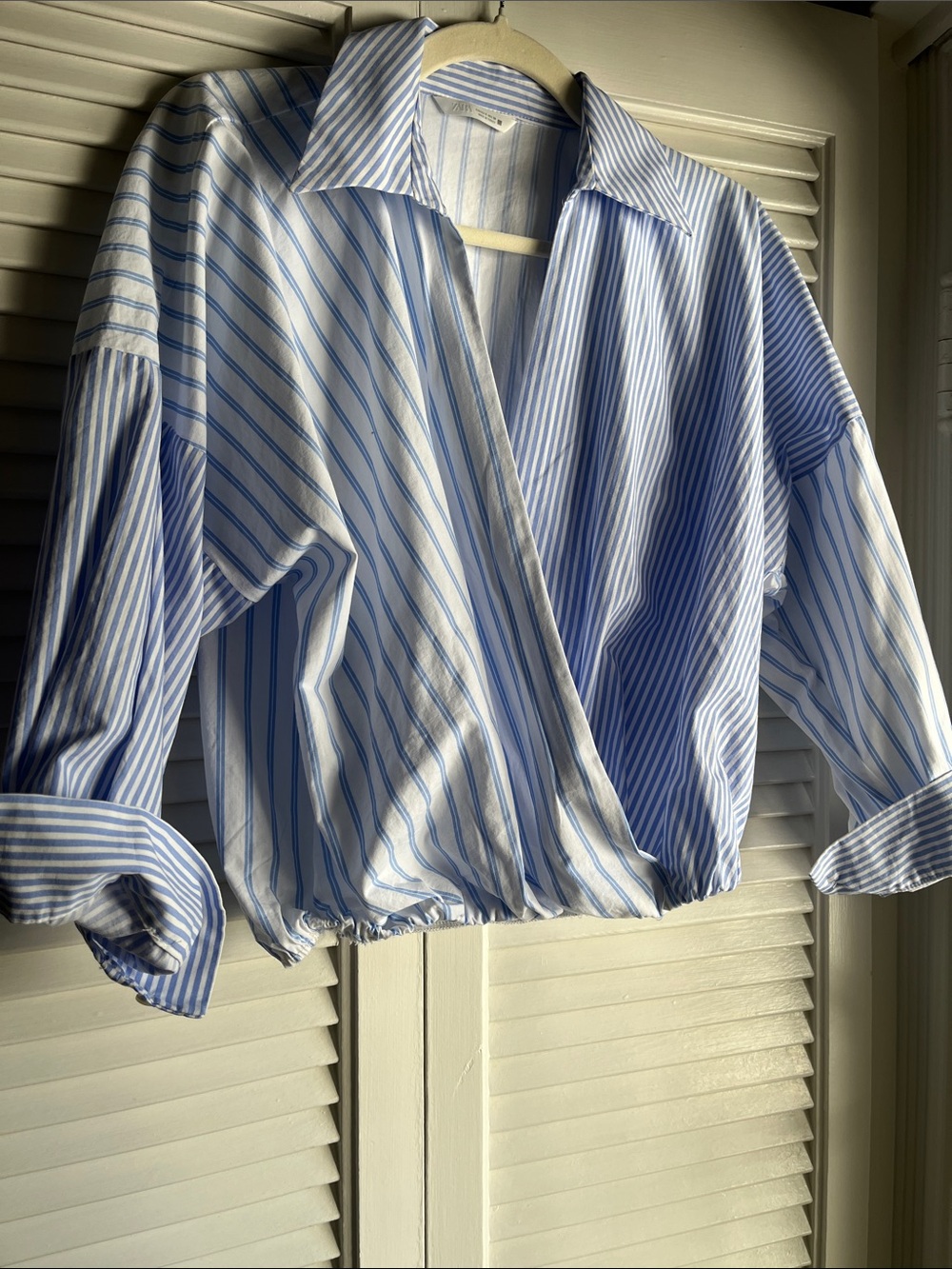 ZARA Striped Wrap-Front Poplin Shirt - Blue/White
